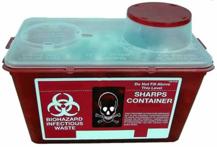sharps container with biohazard loop symbol and skull and crossbones symbol