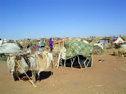 stick huts covered with colorful carpets on desert like ground under cloudless sky, person in brilliant clothing in background photo