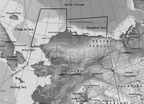 map, showing alaska and the bering strait, brackets around lease areas in the chuckchi and beafort seas
