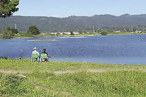 photo of people sitting by a urban/wildland lake