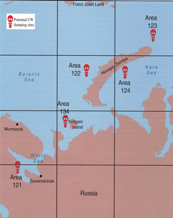 Potential dumping sites for chemical weapons - including lewisite - along Russia's northern coastline. Map courtesy authors