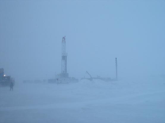 Experimental methane hydrate drilling rig at Mallik, Canada enjoys a typical Arctic day.