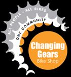 stylized graphic of gears, words, all people, all bikes, one community